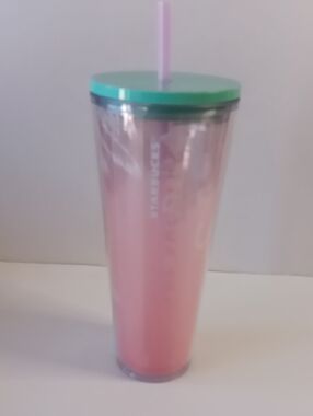 Starbucks Palm Tree Pink Los Angeles 24oz Cold Tumbler Green Lid & Pink Straw